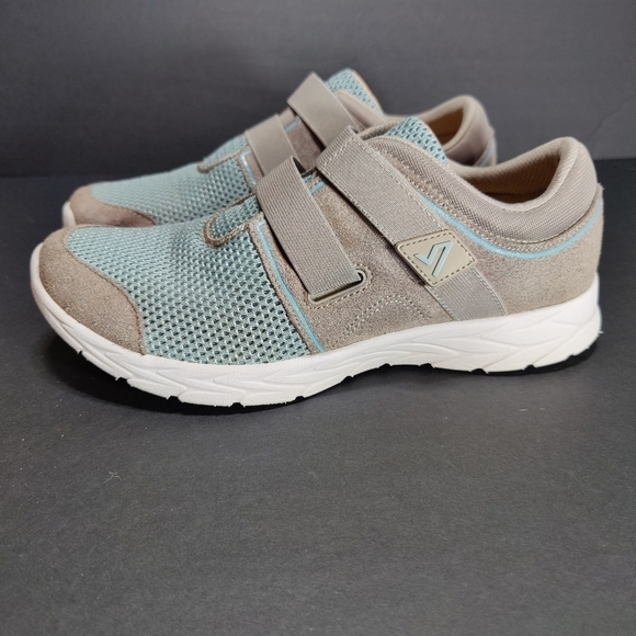 Vionic Shoes - VIONIC Brisk Ema Gray Leather Blue Knit Adjustable Strap Sneaker Women's Size 9